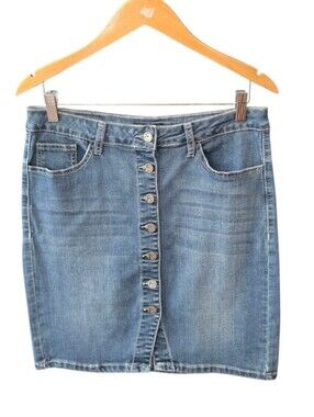 Earl Jeans Button Front Stretchy Blue Denim Skirt 8P